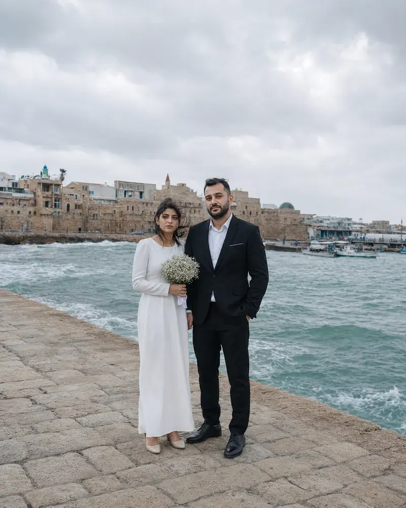 ثنائي مخطوبان يمسكان بأيدي بعضهما تحت أضواء دافئة في حديقة احتفالات عند الغروب